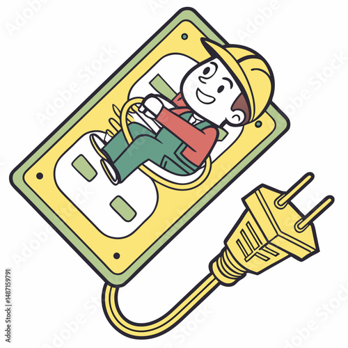 Icon of cartoon electrician inside plug socket, creative perspective
