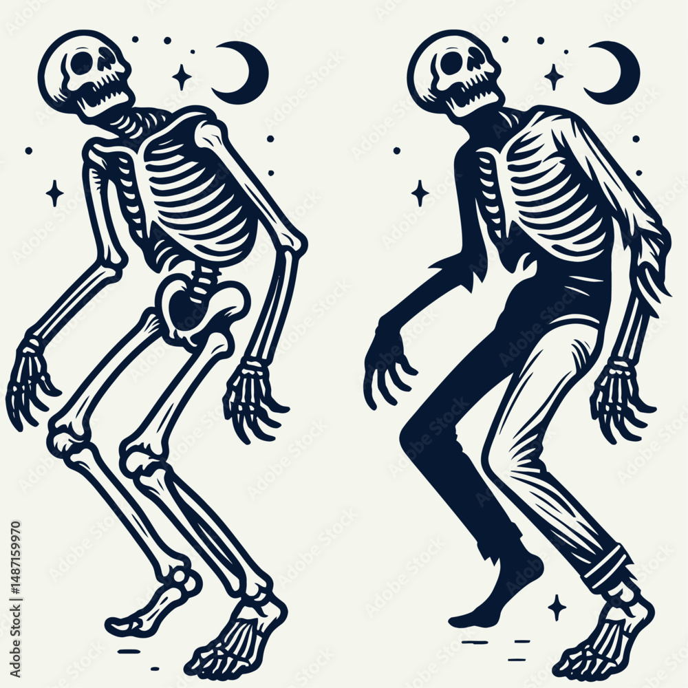 Obraz premium Skeleton in a zombie pose. Halloween Skull Bones Anatomy Skeletal Clipart Line Art Vector Illustration. Bony humanoid figure decaying undead stance for spooky decor theme.