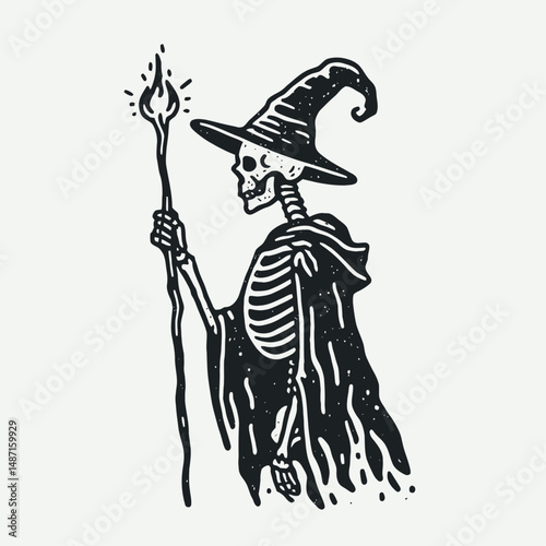 Skeleton in a wizard costume. Halloween Skull Bones Anatomy Skeletal Clipart Line Art Vector Illustration. Bony sorcerer apparel phantom arcane garment spooky mage attire death.