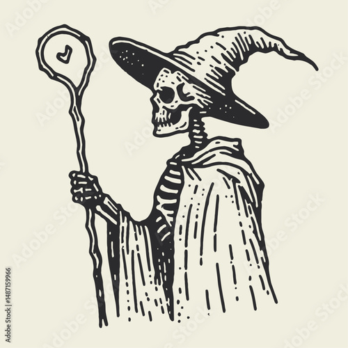 Skeleton in a wizard costume. Halloween Skull Bones Anatomy Skeletal Clipart Line Art Vector Illustration. Bony sorcerer figure wearing gala robe mystic image artwork.