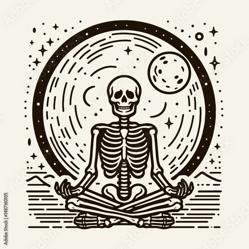 Skeleton in front of a full moon. Halloween Skull Bones Anatomy Skeletal Clipart Line Art Vector Illustration. Bony figure before lunar orb nighttime macabre scene eerie horror concept.