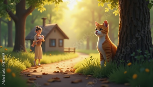 Serene forest scene featuring a curious cat and a woman in a peaceful countryside setting with warm sunlight