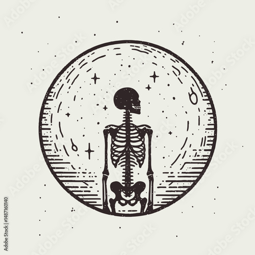 Skeleton in front of a full moon. Halloween Skull Bones Anatomy Skeletal Clipart Line Art Vector Illustration. Bony figure before lunar sphere chilling apparition spectral scene at night.