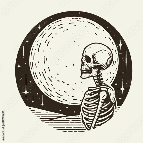 Skeleton in front of a full moon. Halloween Skull Bones Anatomy Skeletal Clipart Line Art Vector Illustration. Bony figure before lunar orb spooky night phantom watching mystic sphere.