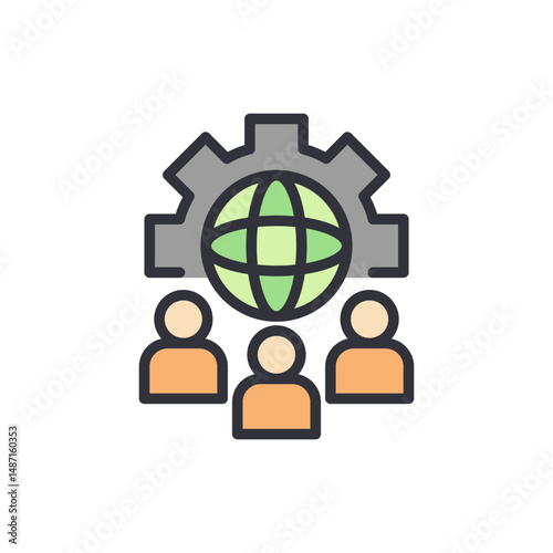 Global Teamwork Concept With Globe Within Gear And Group Of People