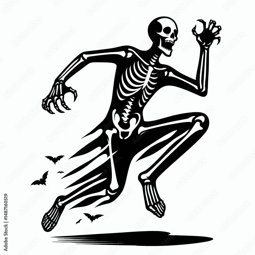 Obraz premium Skeleton jumping out to scare someone. Halloween Skull Bones Anatomy Skeletal Clipart Line Art Vector Illustration. Bony figure leaping forward a frightening prank shock one individual.