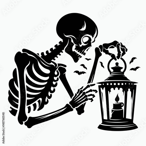Skeleton lighting a spooky lantern. Halloween Skull Bones Anatomy Skeletal Clipart Line Art Vector Illustration. Bony figure igniting eerie illumination device macabre night concept.