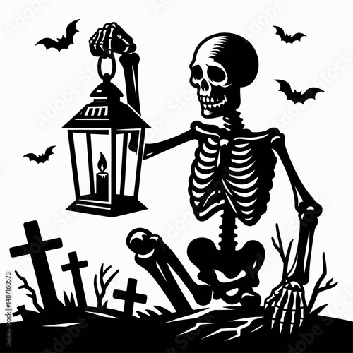 Skeleton lighting a spooky lantern. Halloween Skull Bones Anatomy Skeletal Clipart Line Art Vector Illustration. Bony figure igniting eerie light creepy decor spectral glow.