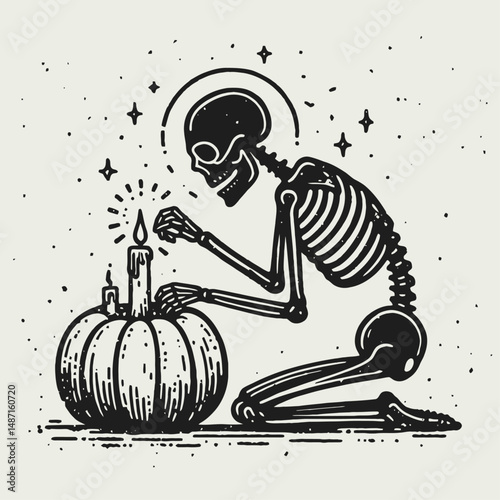 Skeleton lighting candles in a pumpkin. Halloween Skull Bones Anatomy Skeletal Clipart Line Art Vector Illustration. Bony figure igniting illumination inside gourd autumn holiday ritual.
