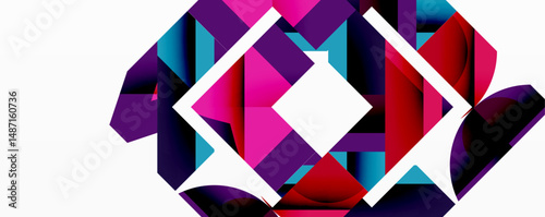 Abstract geometric composition. Vivid colors intersect, creating dynamic visual effect. Shapes overlap, forming complex pattern. Modern design.