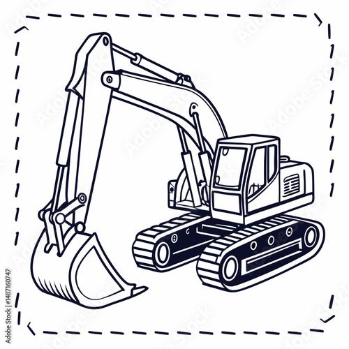 Outline excavator icon with dashed strokes and construction blueprint feel