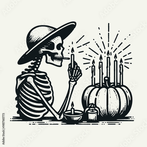 Skeleton lighting candles in a pumpkin. Halloween Skull Bones Anatomy Skeletal Clipart Line Art Vector Illustration. Bony figure igniting flame inside gourd autumnal holiday concept.