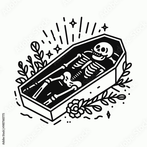 Skeleton lying in a coffin. Halloween Skull Bones Anatomy Skeletal Clipart Line Art Vector Illustration. Deceased bony frame resting within burial box macabre theme.