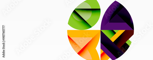 Abstract geometric shapes form circular design. Vivid colors blend, creating dynamic visual impact. Modern aesthetic, clean lines present.