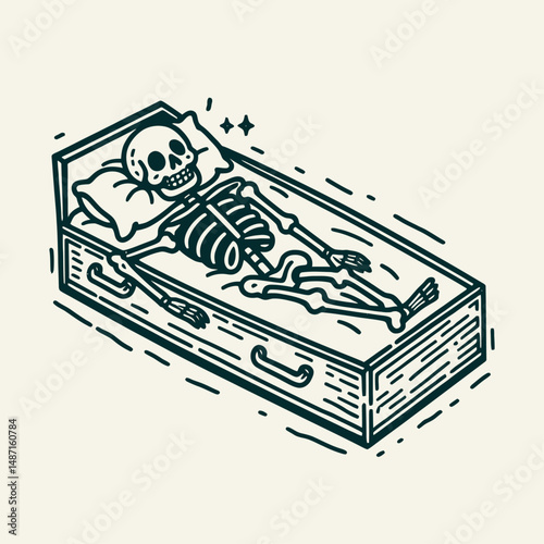 Skeleton lying in a coffin. Halloween Skull Bones Anatomy Skeletal Clipart Line Art Vector Illustration. remains repose inside casket mortality concept macabre theme.