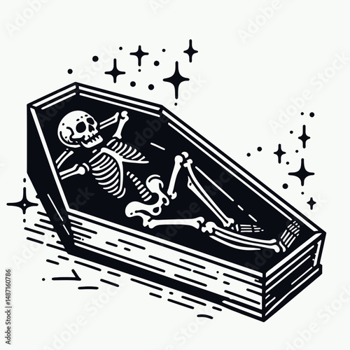 Skeleton lying in a coffin. Halloween Skull Bones Anatomy Skeletal Clipart Line Art Vector Illustration. Bony remains resting within funerary box death concept macabre theme.