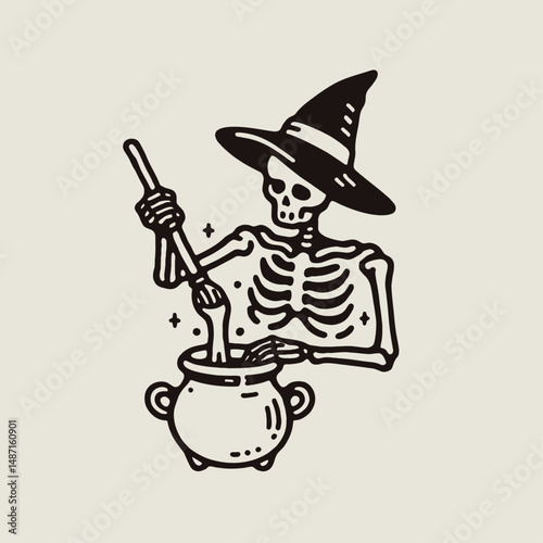 Skeleton making a witchs brew. Halloween Skull Bones Anatomy Skeletal Clipart Line Art Vector Illustration. Bony figure concocting spooky potion for celebration design element.