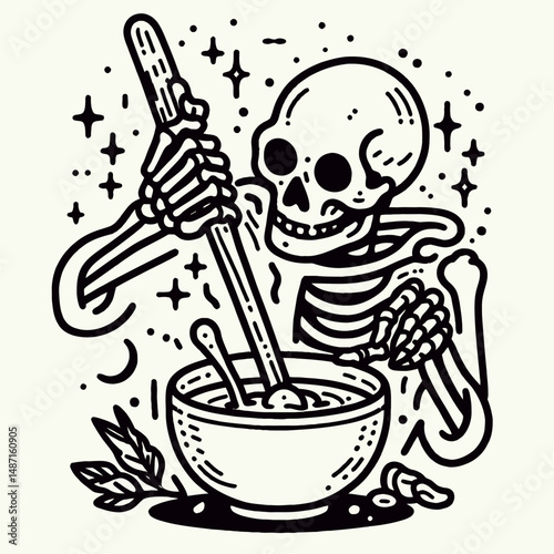 Skeleton making a witchs brew. Halloween Skull Bones Anatomy Skeletal Clipart Line Art Vector Illustration. Bony figure concocting magic potion spectral brew creation.