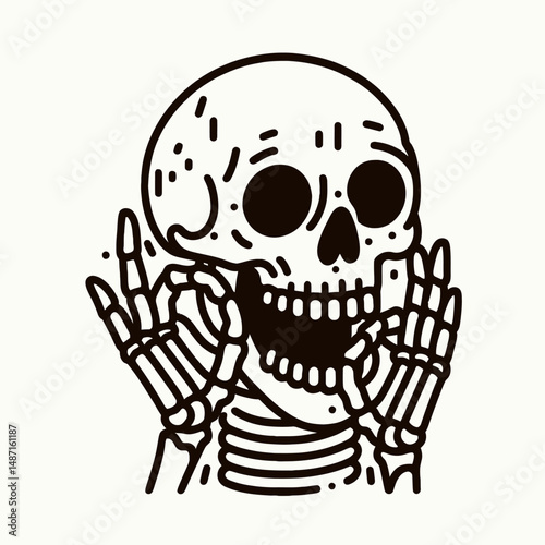 Skeleton making spooky faces. Halloween Skull Bones Anatomy Skeletal Clipart Line Art Vector Illustration. Bony figure crafting frightening grimace spectral guise for fright night horror.