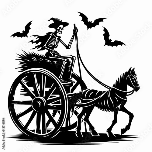 Skeleton on a haunted hayride. Halloween Skull Bones Anatomy Skeletal Clipart Line Art Vector Illustration. Bony frame figure riding spooky wagon tour excursion during fright night festival.