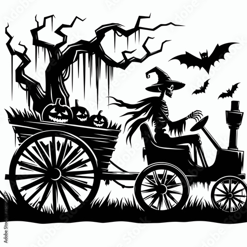 Skeleton on a haunted hayride. Halloween Skull Bones Anatomy Skeletal Clipart Line Art Vector Illustration. Bony frame figure enjoys creepy autumn cart journey amid eerie macabre field.