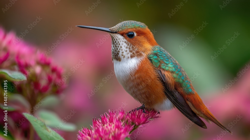 Fototapeta premium Vibrant Hummingbird Perched on a Colorful Flower with Lush Background in Nature, Showcasing Beautiful Colors and Intricate Details in a Serene Environment