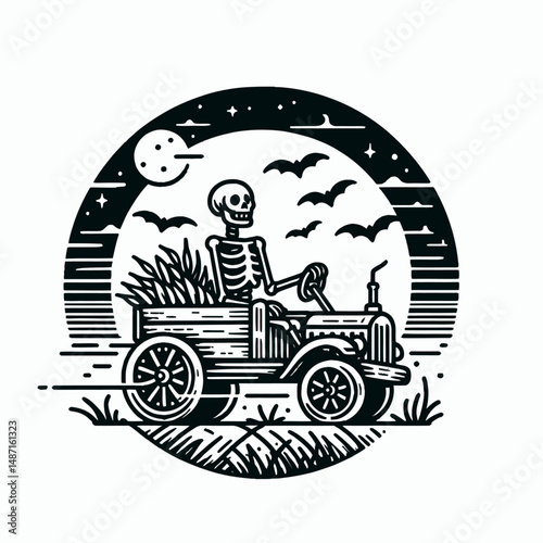 Skeleton on a haunted hayride. Halloween Skull Bones Anatomy Skeletal Clipart Line Art Vector Illustration. Bony frame figure enjoys spooky autumn wagon tour attraction.