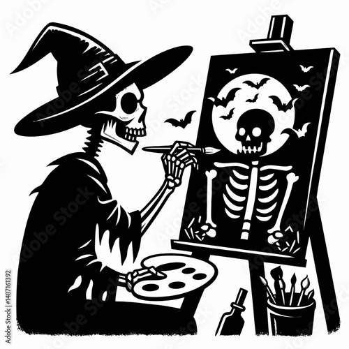 Skeleton painting a spooky picture. Halloween Skull Bones Anatomy Skeletal Clipart Line Art Vector Illustration. Bony figure crafting eerie artwork frightening vista dark creation.