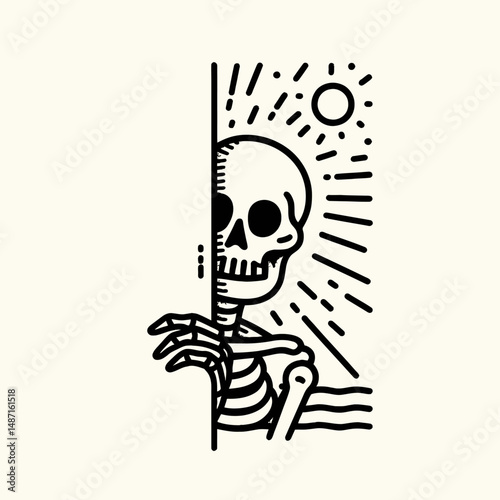 Skeleton peeking around a corner. Halloween Skull Bones Anatomy Skeletal Clipart Line Art Vector Illustration. Bony figure observing from curvature image gothic concept.