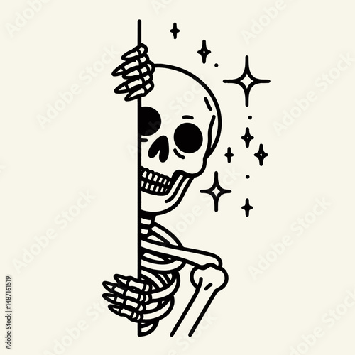Skeleton peeking around a corner. Halloween Skull Bones Anatomy Skeletal Clipart Line Art Vector Illustration. Bony figure glimpsing beyond angle spooky occult image fright night motif.
