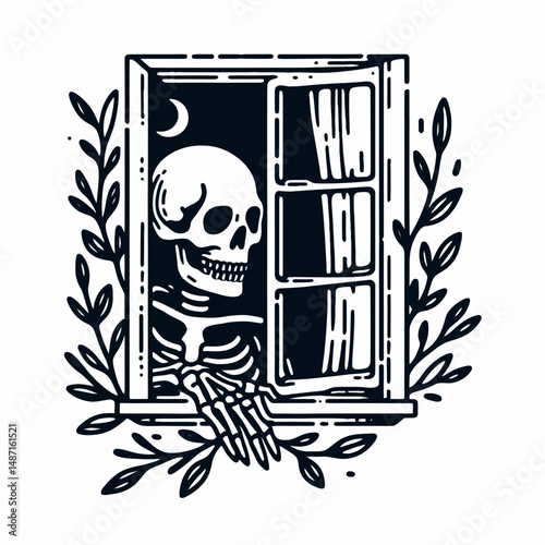 Skeleton peeking out of a haunted window. Halloween Skull Bones Anatomy Skeletal Clipart Line Art Vector Illustration. Bony figure gazing from eerie pane creepy scene phantom home.
