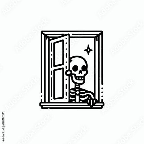 Skeleton peeking out of a haunted window. Halloween Skull Bones Anatomy Skeletal Clipart Line Art Vector Illustration. Bony figure spying from spooky phantom portal eerie scene creation.