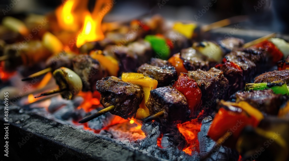 Delicious grilled meat and colorful vegetables sizzling on a barbecue over glowing coals, flames licking the skewers with rich, smoky aroma. Delicious grilled meat and colorful vegetables sizzling on a barbecue over glowing coals, flames licking the skewers with rich, smoky aroma.