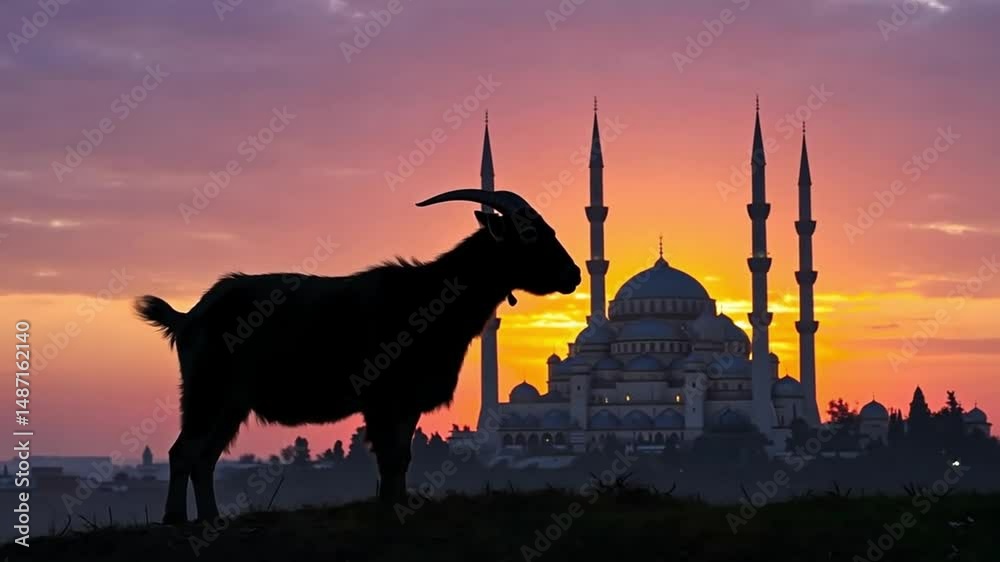 Eid al adha mubarak goat sacrifice islamic festival qurban bayrami mosque sunset celebration background