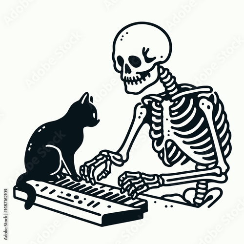 Skeleton playing with a black cat. Halloween Skull Bones Anatomy Skeletal Clipart Line Art Vector Illustration. Bony form having good time alongside ebony feline spectral companion joy.