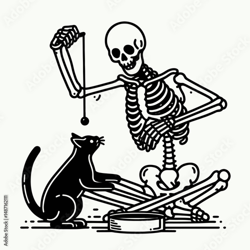 Skeleton playing with a black cat. Halloween Skull Bones Anatomy Skeletal Clipart Line Art Vector Illustration. Bony figure amusement alongside ebony feline companion spooky autumn motif.