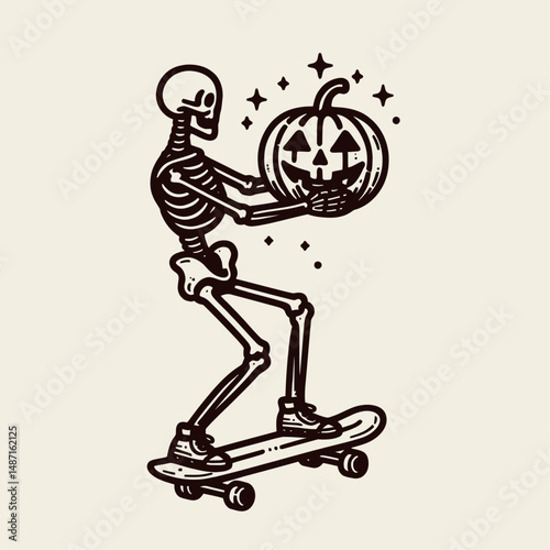 Skeleton playing with a pumpkin. Halloween Skull Bones Anatomy Skeletal Clipart Line Art Vector Illustration. Bony figure amusement alongside gourd autumn fun spooky image theme.