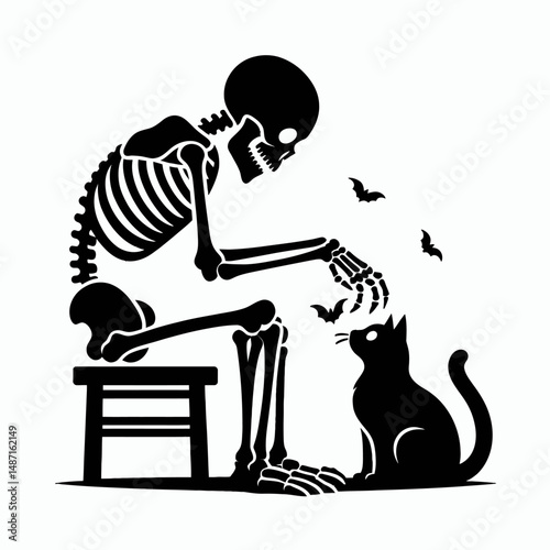 Skeleton playing with a black cat. Halloween Skull Bones Anatomy Skeletal Clipart Line Art Vector Illustration. Bony figure having fun alongside dark feline mystic spooky theme.
