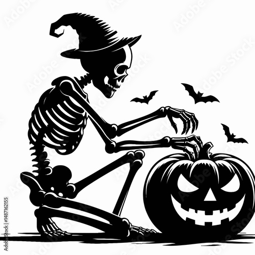 Skeleton playing with a pumpkin. Halloween Skull Bones Anatomy Skeletal Clipart Line Art Vector Illustration. Bony figure delighting alongside gourd autumn fun spooky season enjoyment.