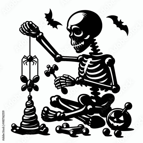 Skeleton playing with Halloween toys. Skull Bones Anatomy Skeletal Clipart Line Art Vector Illustration. Bony figure having amusement spooky holiday plaything for festive decoration.