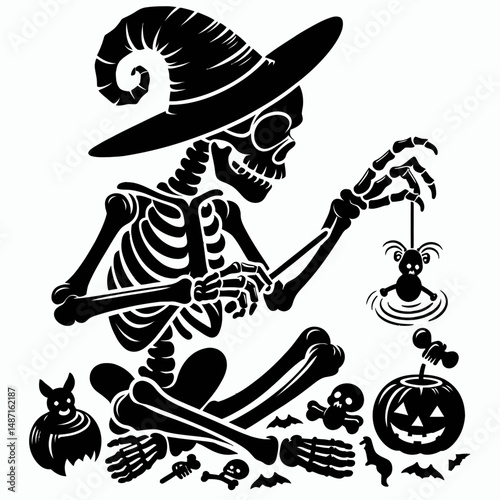Skeleton playing with Halloween toys. Skull Bones Anatomy Skeletal Clipart Line Art Vector Illustration. Bony figure amuses itself amid spooky holiday gimmick decor and plaything.