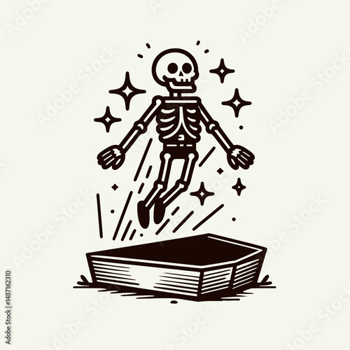 Skeleton popping out of a coffin. Halloween Skull Bones Anatomy Skeletal Clipart Line Art Vector Illustration. Bony figure emerging from casket horror grim imagery death concept.