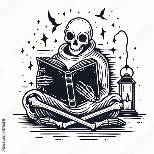 Skeleton reading a haunted storybook. Halloween Skull Bones Anatomy Skeletal Clipart Line Art Vector Illustration. Bony figure perusing spectral folklore volume creepy narrative theme.