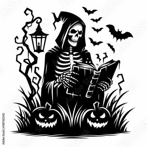 Skeleton reading a haunted storybook. Halloween Skull Bones Anatomy Skeletal Clipart Line Art Vector Illustration. Bony figure perusing eerie narrative volume occult folklore theme.