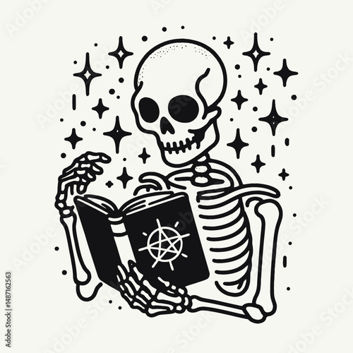 Skeleton reading a spell book. Halloween Skull Bones Anatomy Skeletal Clipart Line Art Vector Illustration. Bony cadaver deciphering magical grimoire occult learning undead wisdom.