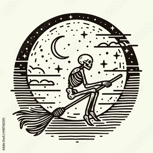 Skeleton riding a broomstick under the moon. Halloween Skull Bones Anatomy Skeletal Clipart Line Art Vector Illustration. Bony specter piloting besom beneath lunar glow concept.