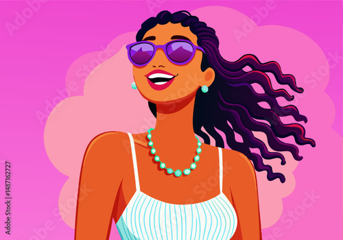 Happy Woman with Sunglasses, Long Hair, and Pearl Necklace
