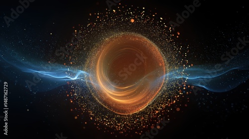 Abstract circular energy formation with floating particles and flowing blue wisp on black background