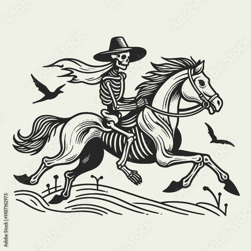Skeleton riding a haunted horse. Halloween Skull Bones Anatomy Skeletal Clipart Line Art Vector Illustration. Bony equestrian astride spectral phantom mount spooky eerie image.