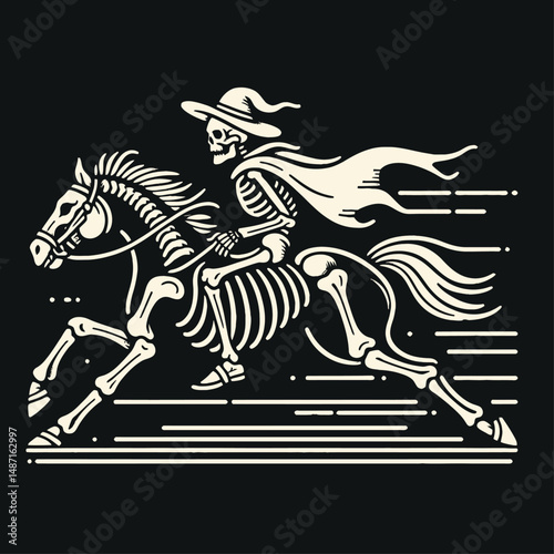 Skeleton riding a haunted horse. Halloween Skull Bones Anatomy Skeletal Clipart Line Art Vector Illustration. Bony figure mounting spectral steed spooky equines in phantasmic gallop.